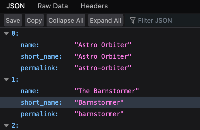 JSON from an API shown through a viewing tool